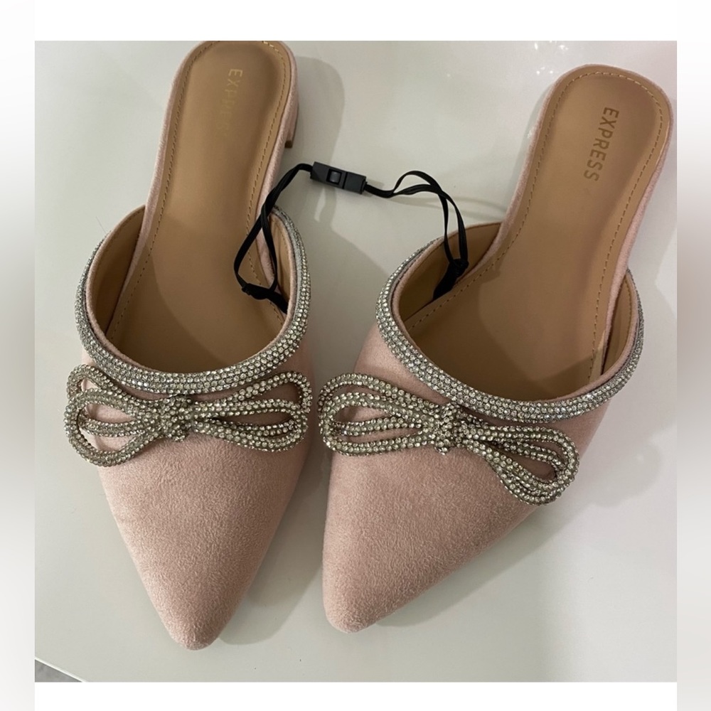 Express Pink Velvet Mules with bow rhinestones size 7